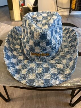 Cowboy Carter Distressed Check Cowboy Hat in Light Blue & White